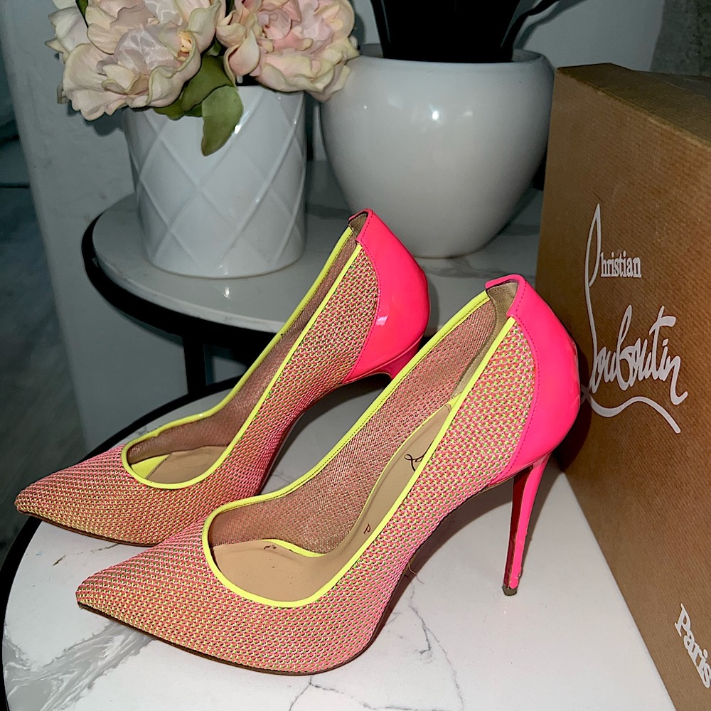 Neon Pink & Green Pigalle Follies 100mm Lace Raphia Yellow Pumps
Size EU 38/US 8